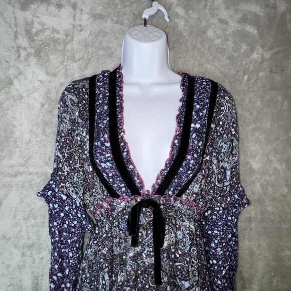 Btfl-Life Boho Maxi Dress Velvet Trim V Neck Empire Waist Paisley Sz Sm Cottage - Picture 2 of 12